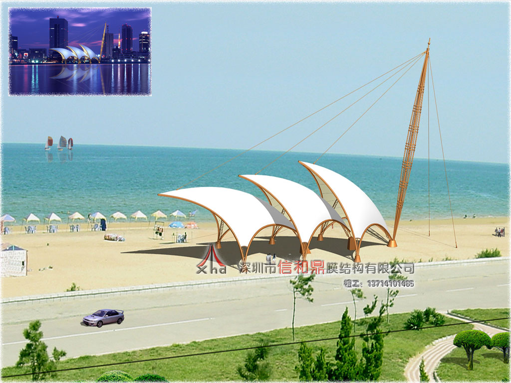 滨海张拉膜结构遮阳棚设计效果图