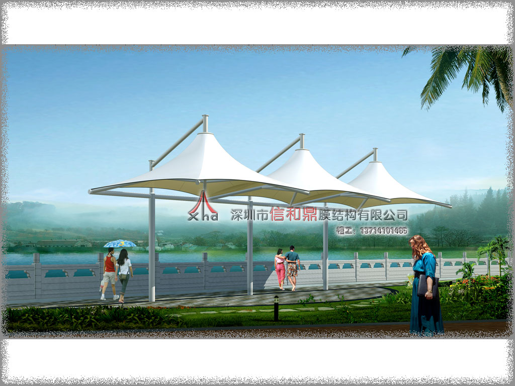 滨河小品帽顶式张拉膜结构遮阳棚